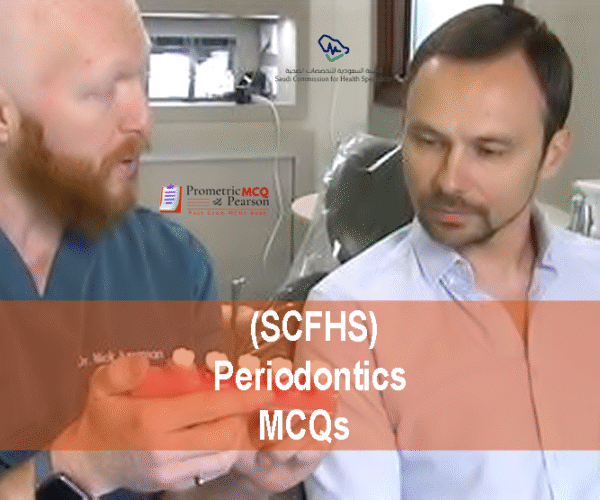 A specialist periodontist dentist with a patient in clinic advertising SCFHS Periodontics MCQs
