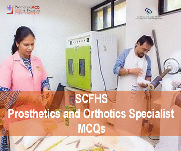 A medical professional examining a patient in clinic and advertising SCFHS Prosthetics and Orthotics Specialist MCQs