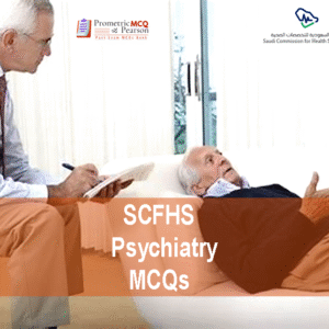 A Psychiatrist Specialist examining an old patient in clinic and advertising SCFHS Psychiatry MCQs