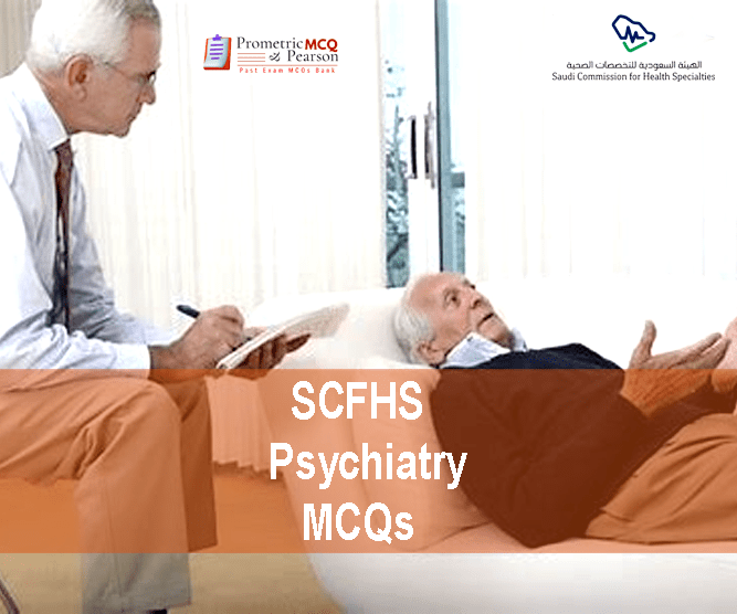 A Psychiatrist Specialist examining an old patient in clinic and advertising SCFHS Psychiatry MCQs