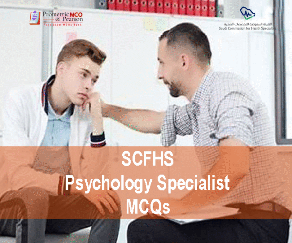 A Clinical Psychologist Examining a patient in clinic and advertising SCFHS Psychology Specialist MCQs