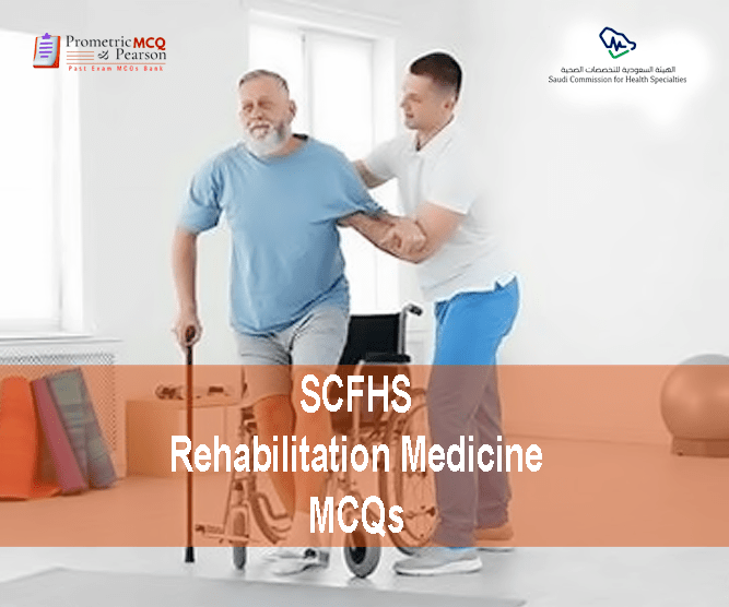 A Rehabilitation medical professional holding a patient in clinic and advertising SCFHS Rehabilitation Medicine Prometric Licensing Exam MCQs