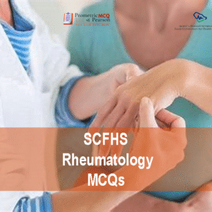 A Rheumatologist specialist examining a patient in clinic and advertising SCFHS Rheumatology Prometric Licensing Exam MCQs