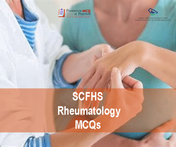 A Rheumatologist specialist examining a patient in clinic and advertising SCFHS Rheumatology Prometric Licensing Exam MCQs