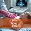A medical professional examining a baby and advertising NHRA Urology MCQs