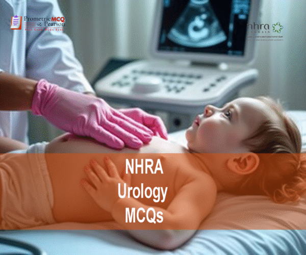 A medical professional examining a baby and advertising NHRA Urology MCQs