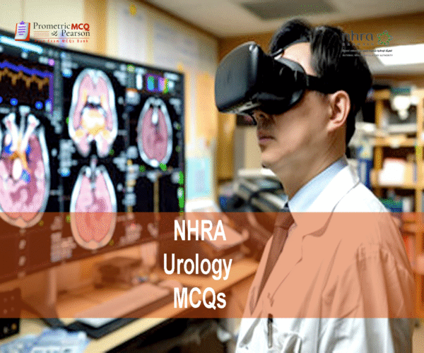 A medical professional examining patient reports on LCD in a lab and advertising NHRA Urology MCQs