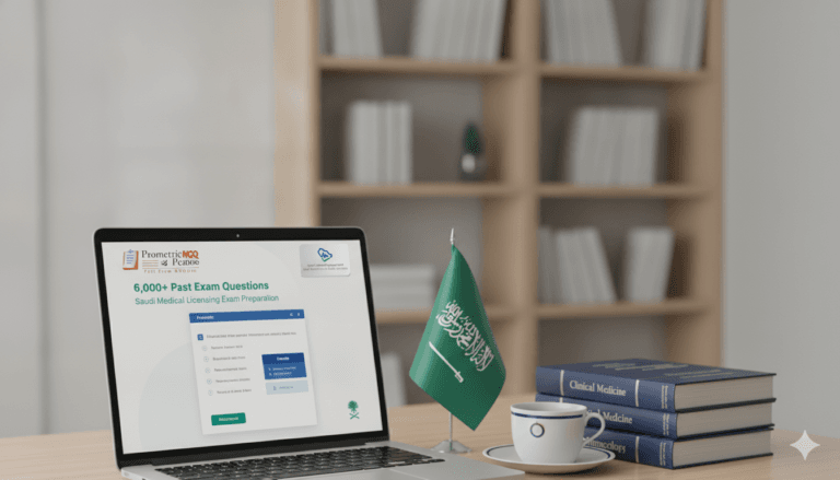 Laptop displaying SMLE MCQ Past Exams Question Bank for Saudi Medical Licensing Exam preparation with 6000+ authentic questions